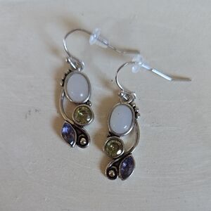 E-021-Silver Dangle Earrings with Moonstone, Peridot and Amethyst Gemstones